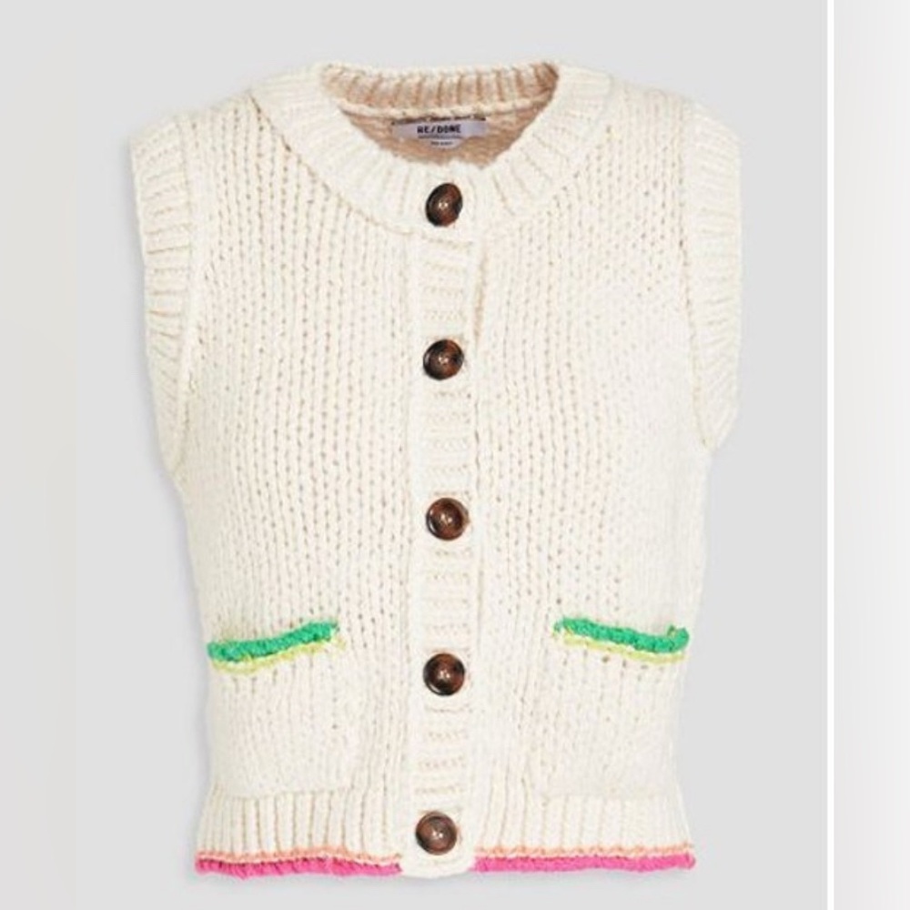 Re/Done 90s Cream Button‎ Up Sweater Vest Large Cotton Knit size XS